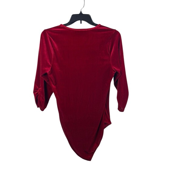 ModCloth 1X Red Velvet Wrap Bodysuit Deep V Neck 3/4 Sleeve Stretch Holiday - Picture 5 of 13